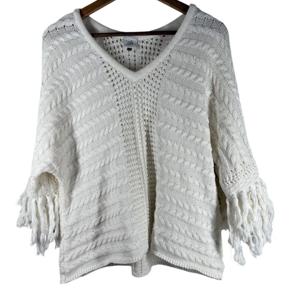 Cabi White Open Knit Fiesta Sweater Sz S Western Cowgirl Boho Fringe Cable Rodeo